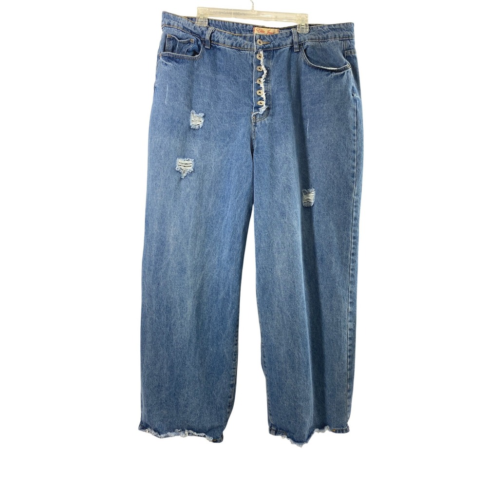 Elite Jeans Wide Leg Women Plus Size 21/22 Distress Button Fly Medium Wash Denim